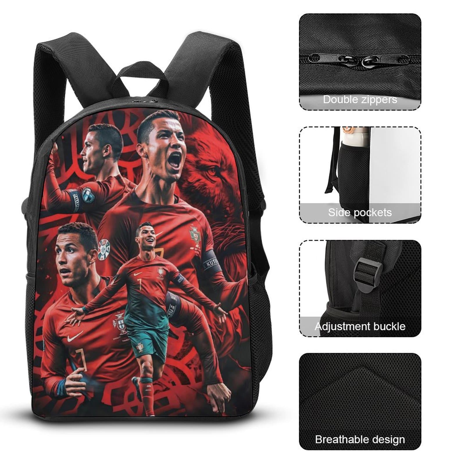 【5-Day Fast Delivery】Cristiano Ronaldo Backpack Set - Super Star 16" Shoulder Bag, Insulated Lunch Tote, Multifunctional Pencil Case BP0008 