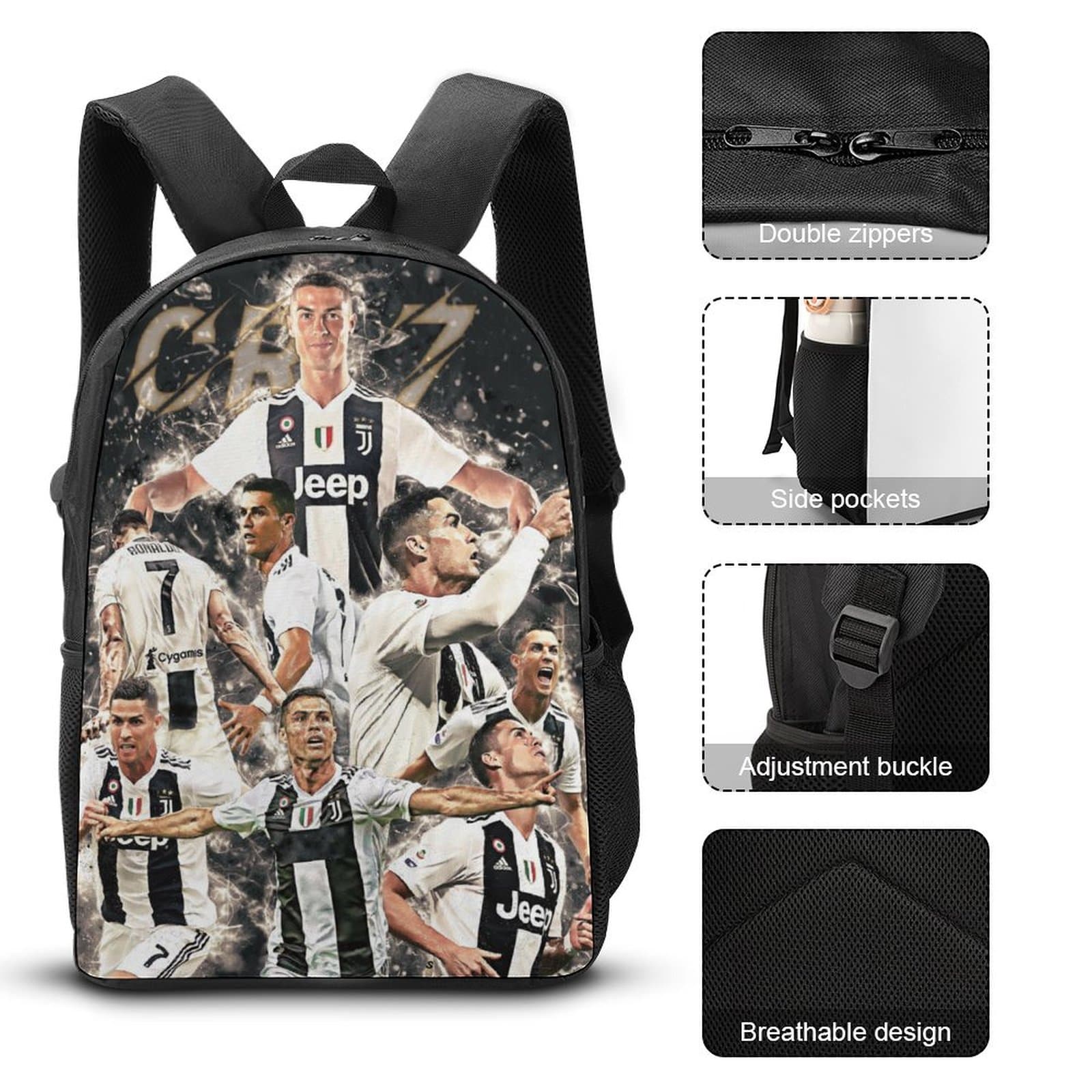 【5-Day Fast Delivery】Cristiano Ronaldo Backpack Set - Super Star 16" Shoulder Bag, Insulated Lunch Tote, Multifunctional Pencil Case BP0009 