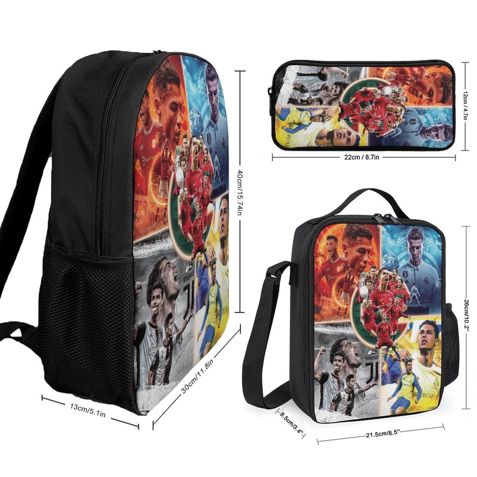 【5-Day Fast Delivery】Cristiano Ronaldo Backpack Set - Super Star 16" Shoulder Bag, Insulated Lunch Tote, Multifunctional Pencil Case BP0010 