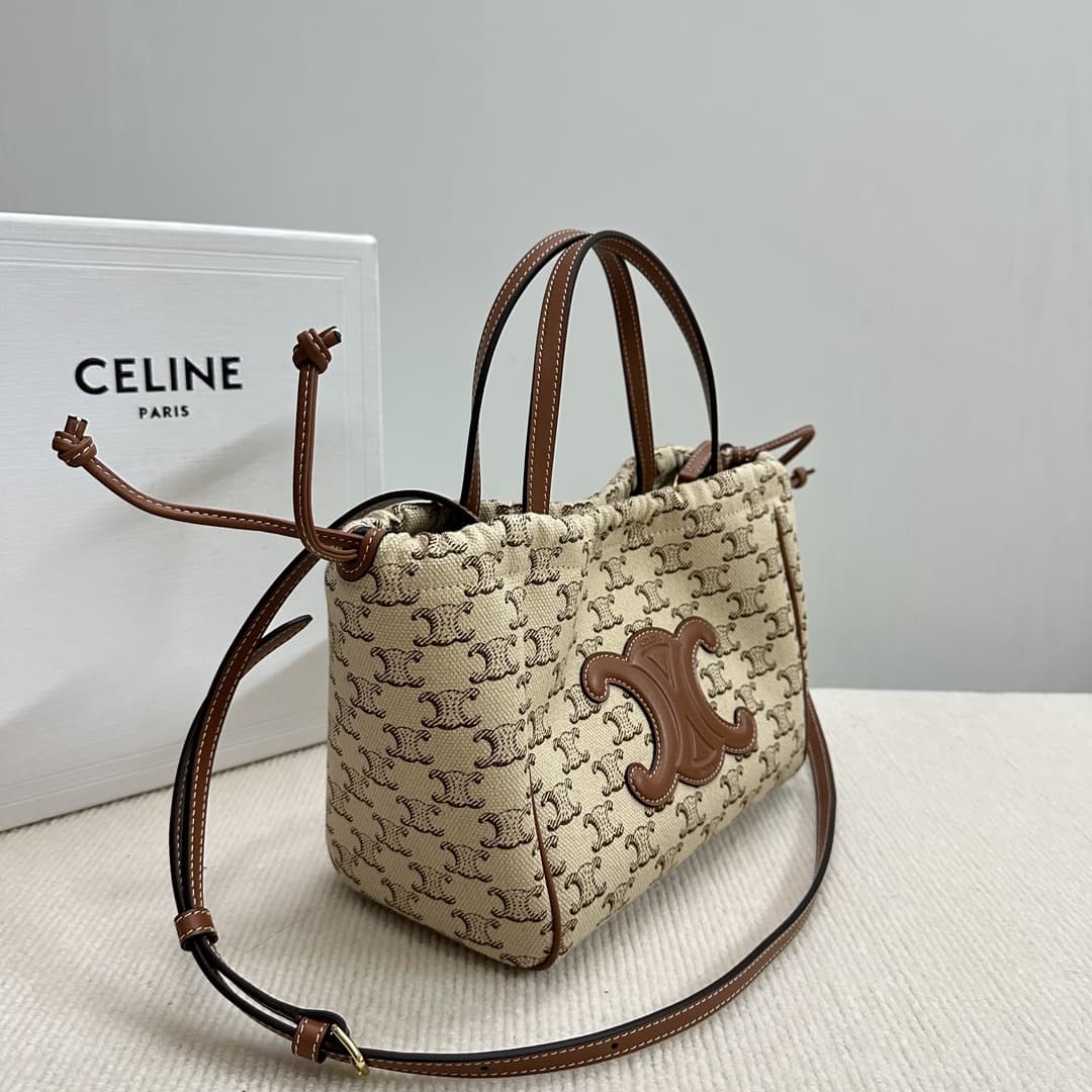 Celine SMALL CABAS DRAWSTRING CUIR TRIOMPHE in TEXTILE WITH TRIOMPHE CANVAS PRINT AND CALFSKIN CE0006