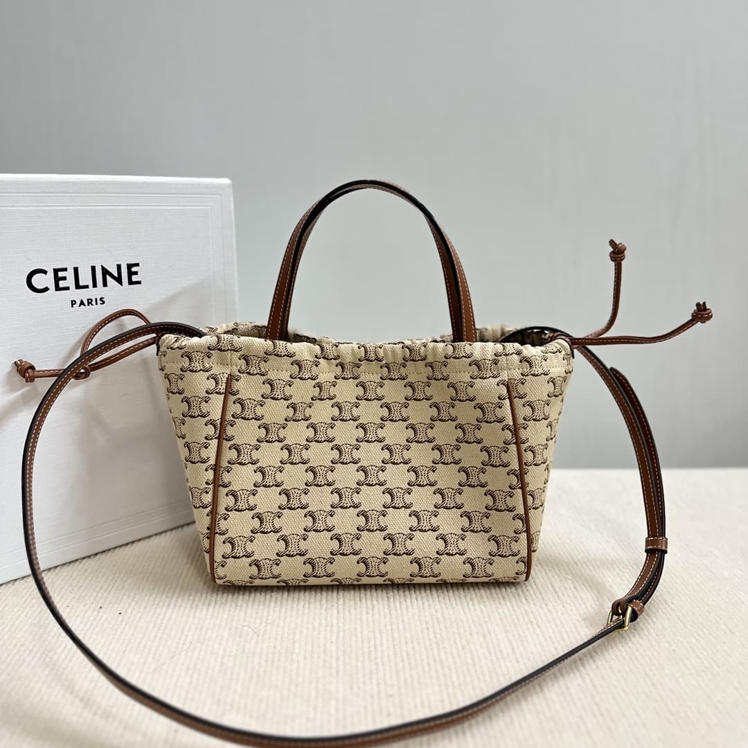 Celine SMALL CABAS DRAWSTRING CUIR TRIOMPHE in TEXTILE WITH TRIOMPHE CANVAS PRINT AND CALFSKIN CE0006