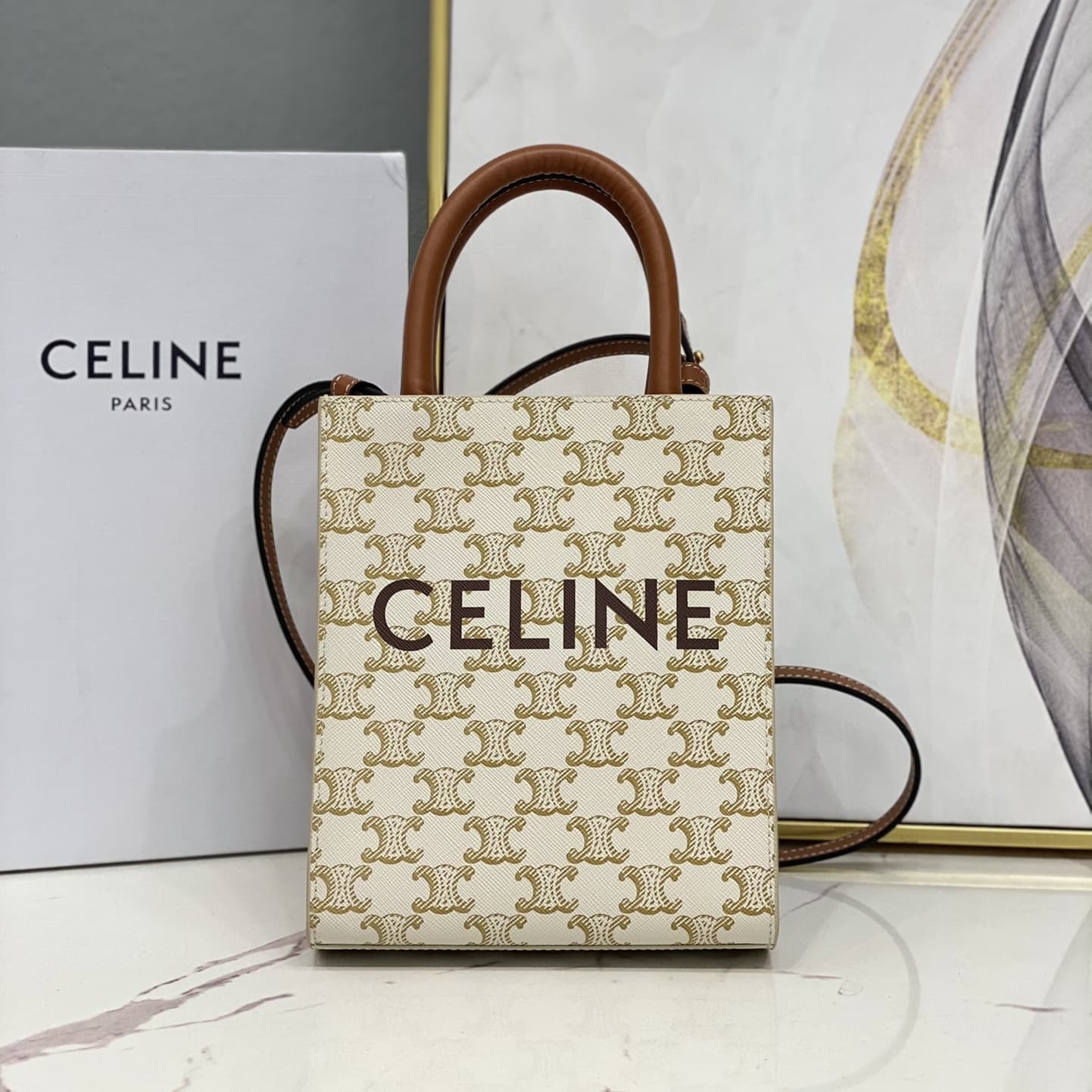 Celine Mini Vertical Cabas in Triomphe Canvas and calfskin with Celine print CE0007