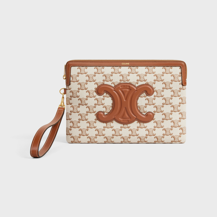 Celine SMALL POUCH WITH STRAP in TEXTILE WITH TRIOMPHE PRINT AND CALFSKIN CE0017