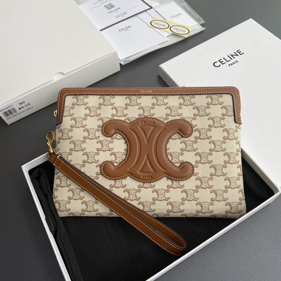 Celine SMALL POUCH WITH STRAP in TEXTILE WITH TRIOMPHE PRINT AND CALFSKIN CE0017