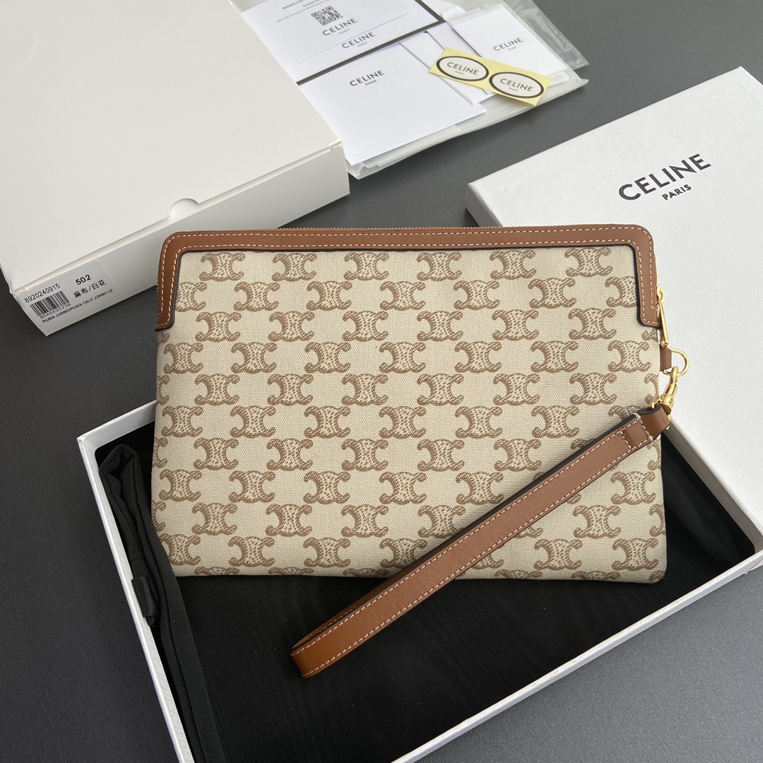 Celine SMALL POUCH WITH STRAP in TEXTILE WITH TRIOMPHE PRINT AND CALFSKIN CE0017