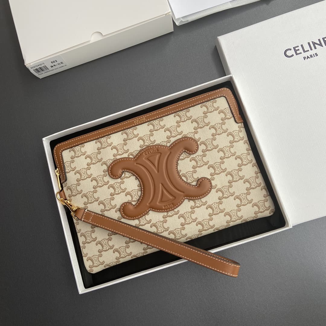 Celine SMALL POUCH WITH STRAP in TEXTILE WITH TRIOMPHE PRINT AND CALFSKIN CE0017