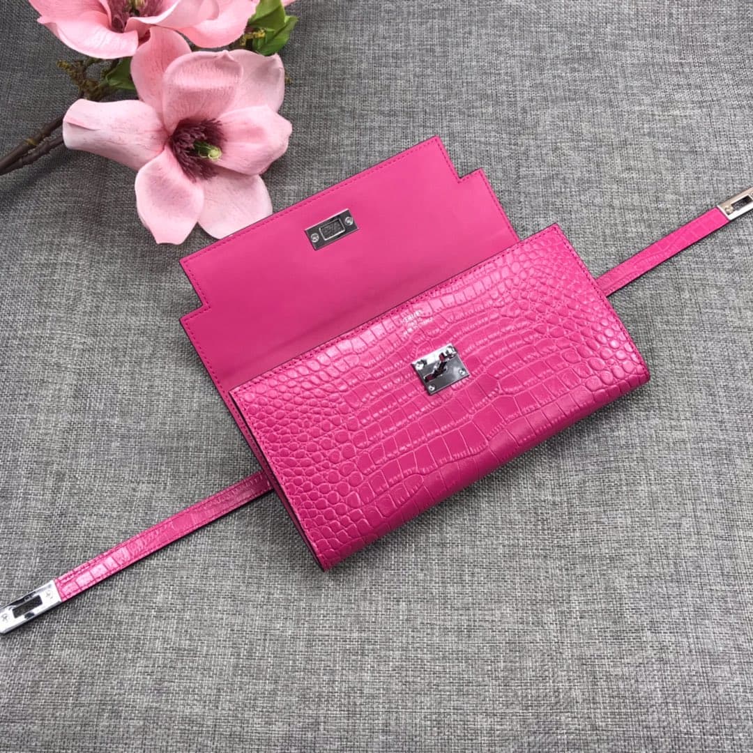 Hermès Kelly Wallet Shiny Alligator Long Hot Pink HE0001