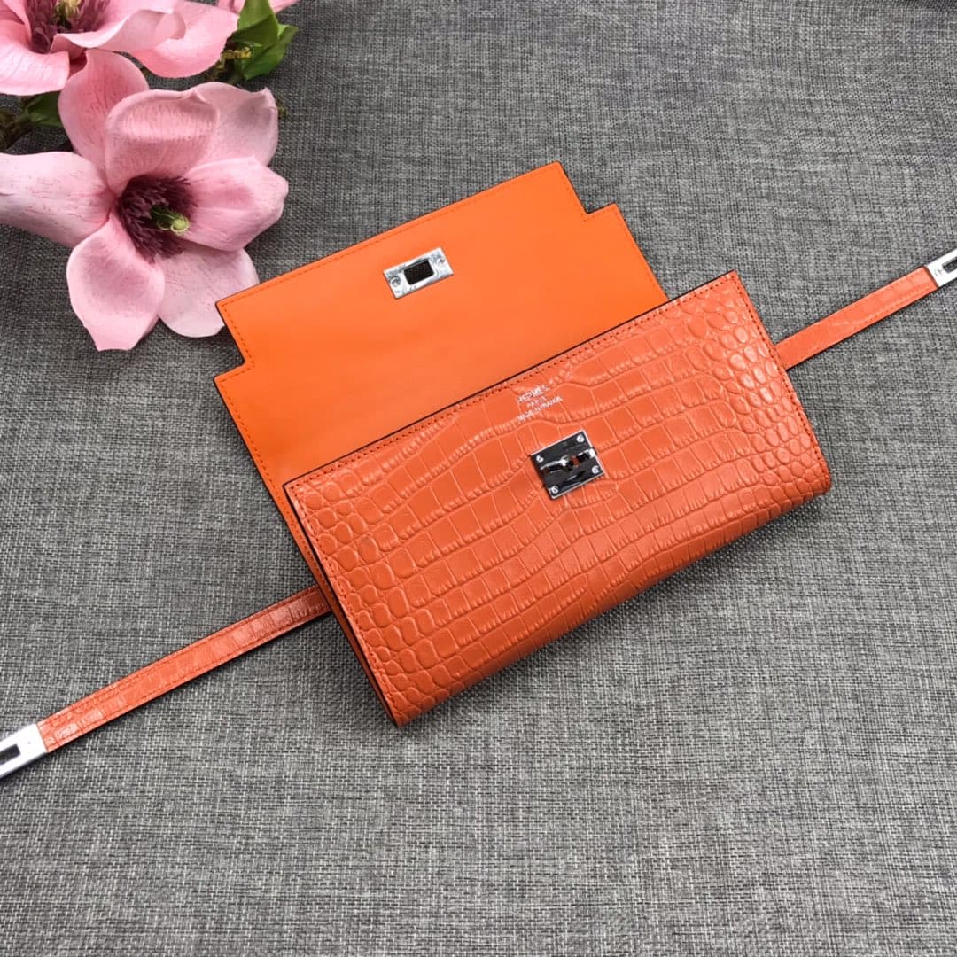 Hermès Kelly Wallet Shiny Alligator Long Orange HE0002