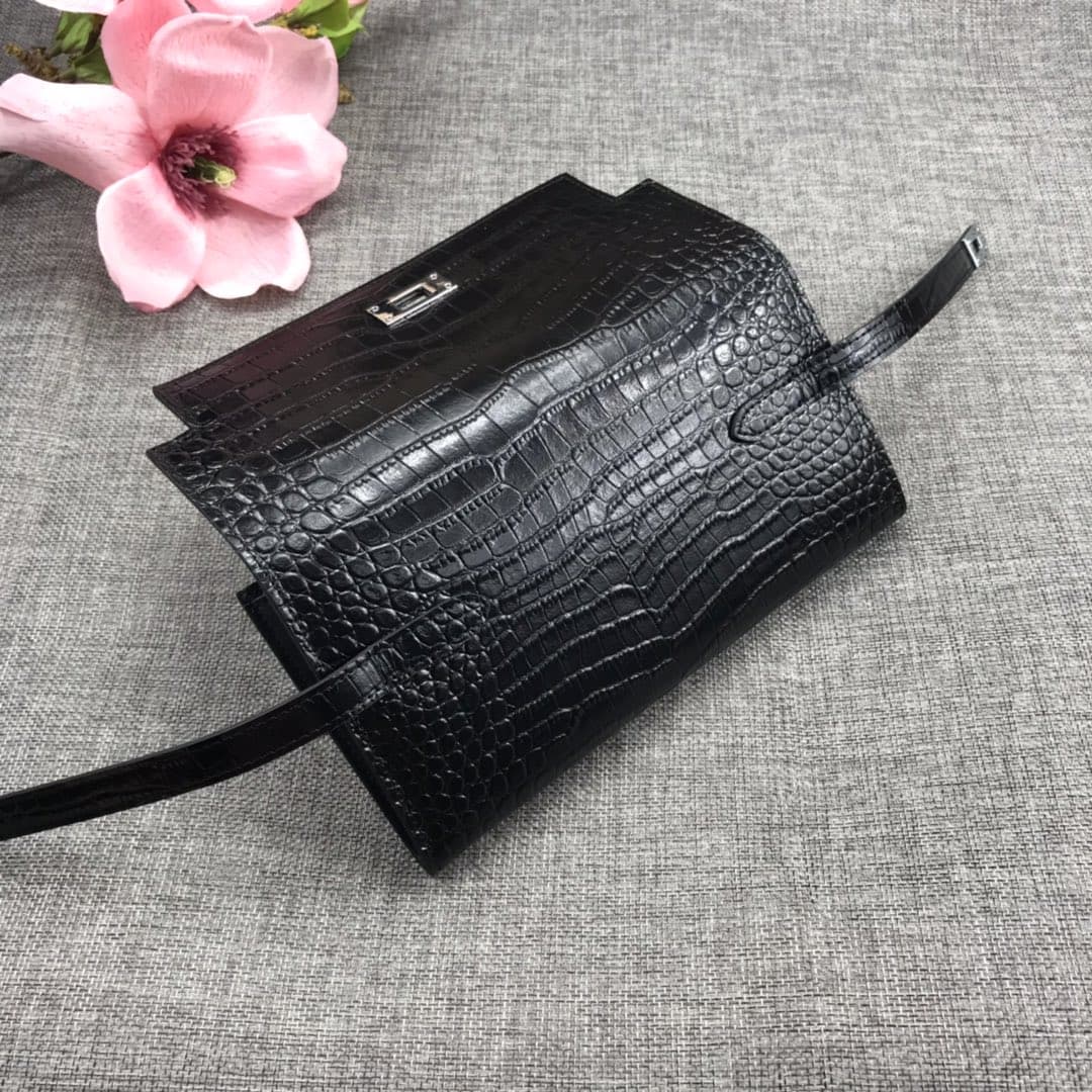 Hermès Kelly Wallet Shiny Alligator Long Black HE0003