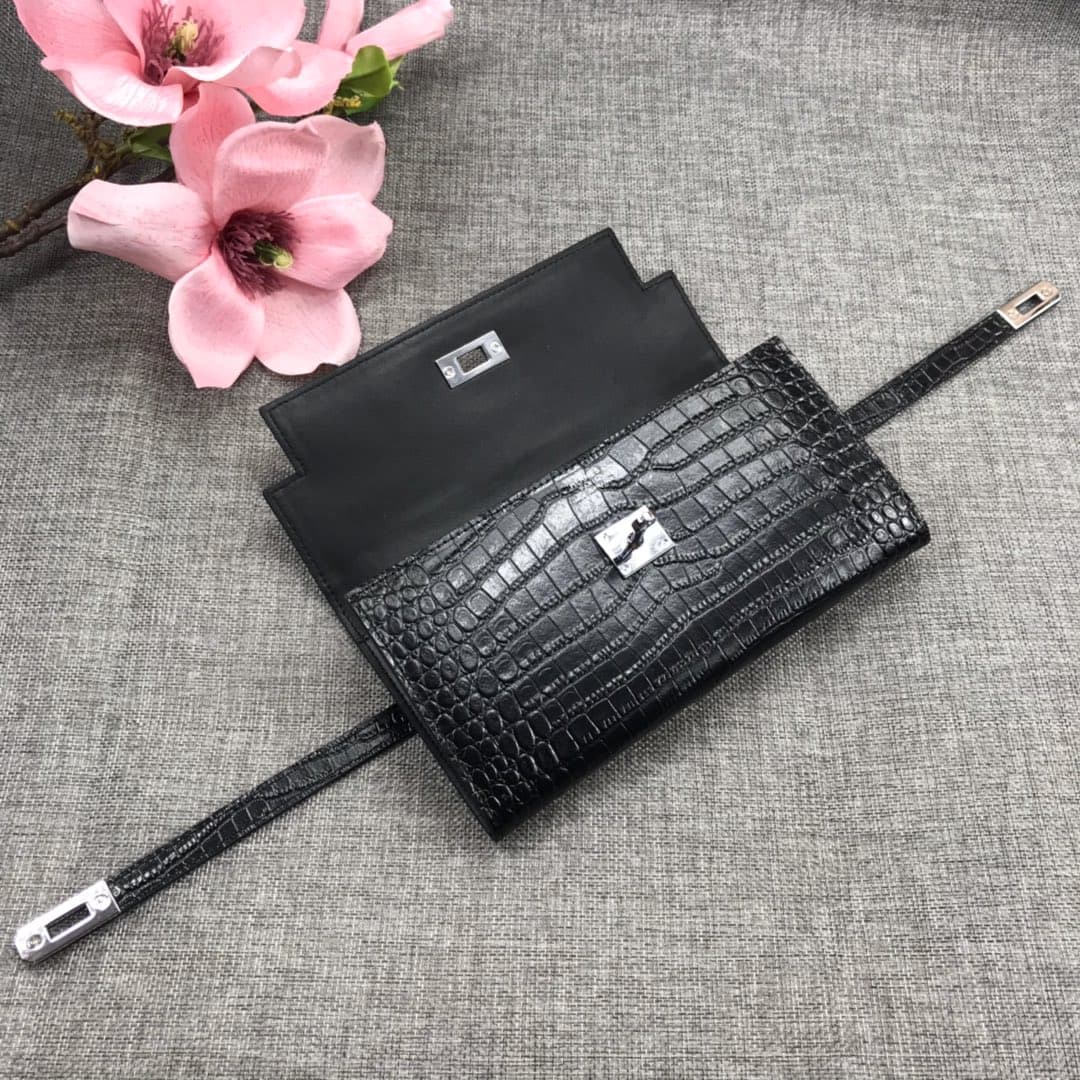 Hermès Kelly Wallet Shiny Alligator Long Black HE0003