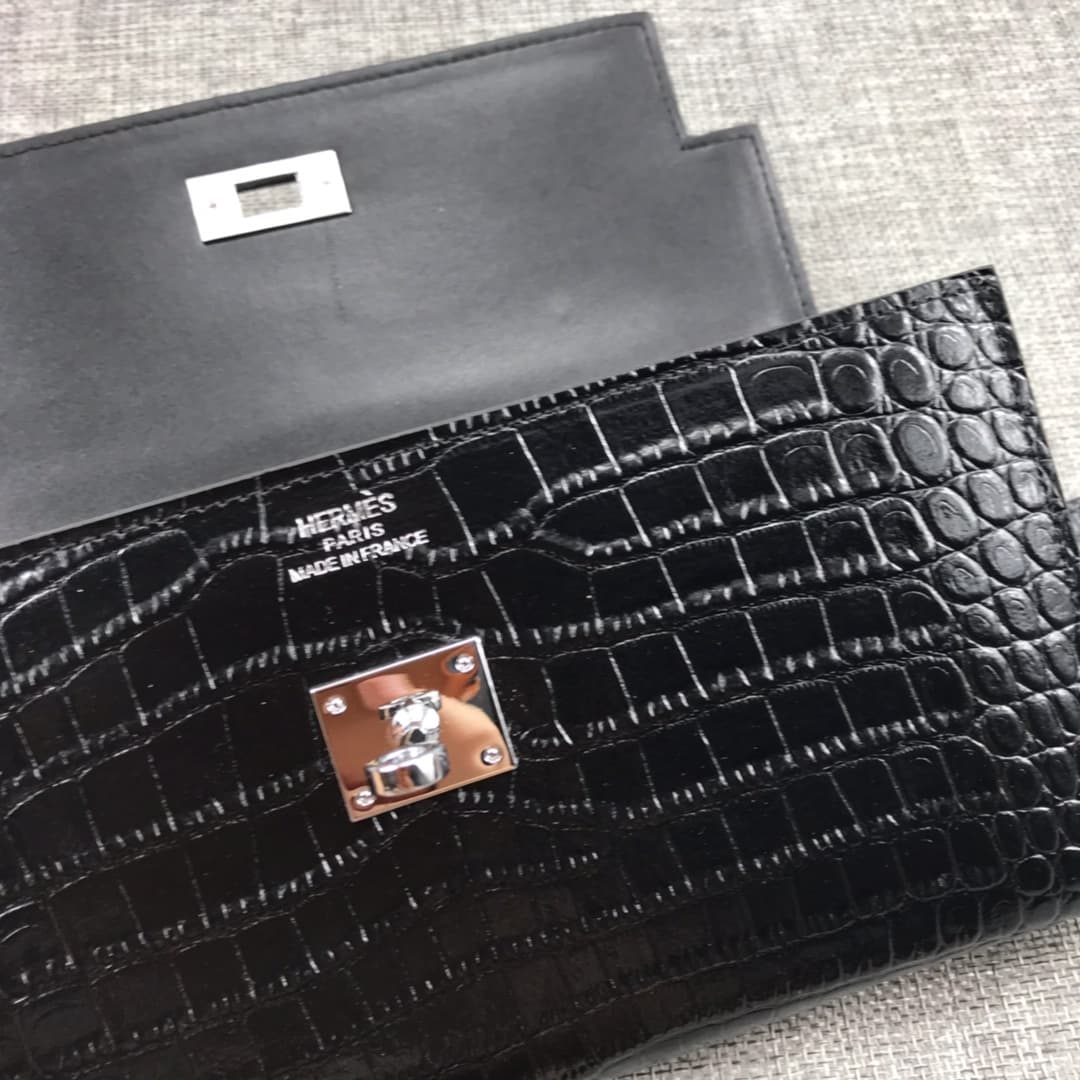 Hermès Kelly Wallet Shiny Alligator Long Black HE0003