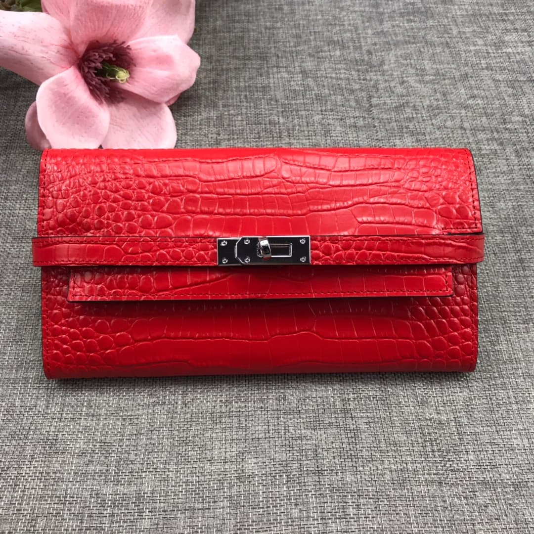 Hermès Kelly Wallet Shiny Alligator Long Red HE0004