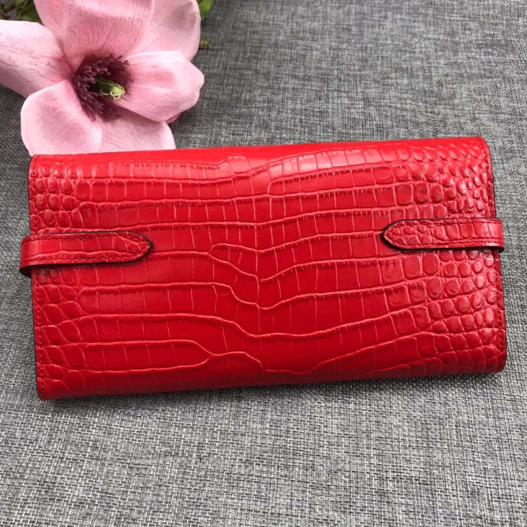 Hermès Kelly Wallet Shiny Alligator Long Red HE0004