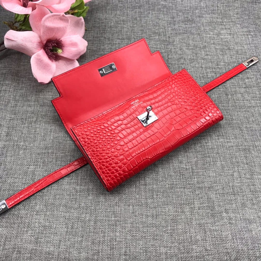 Hermès Kelly Wallet Shiny Alligator Long Red HE0004