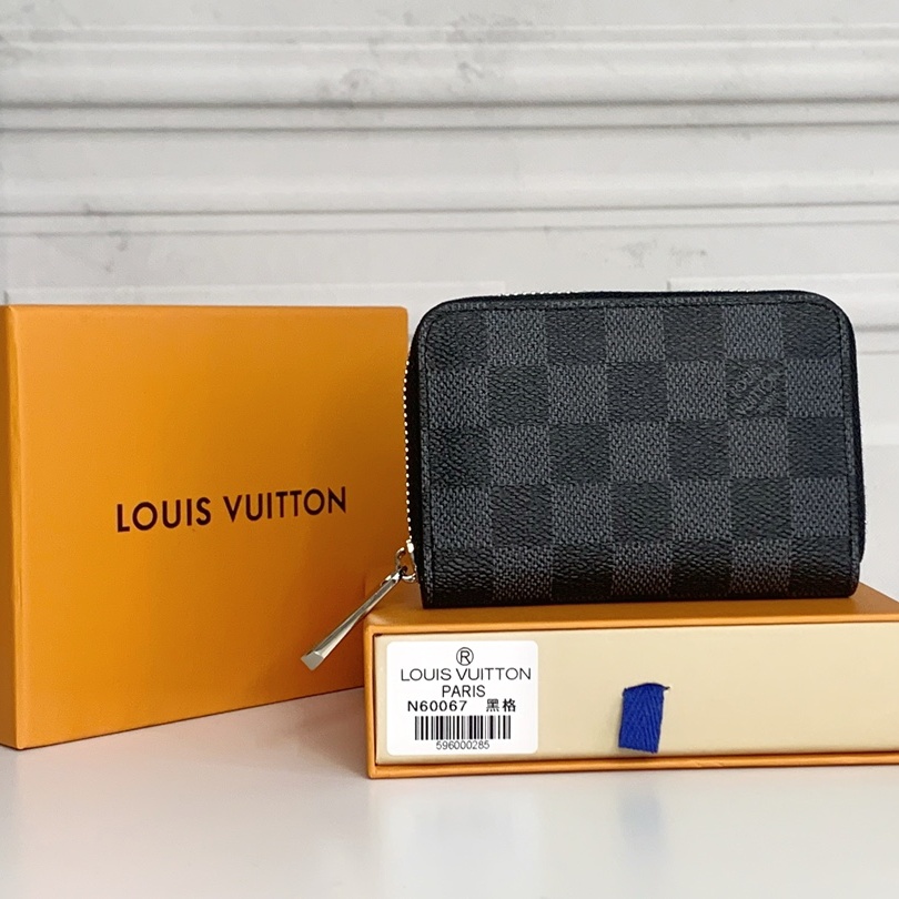 Louis Vuitton Zippy Coin Purse Wallet Black Plaid N63070