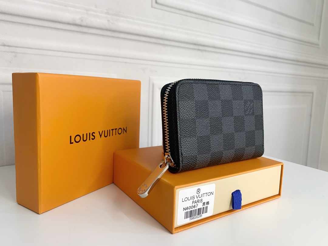 Louis Vuitton Zippy Coin Purse Wallet Black Plaid N63070