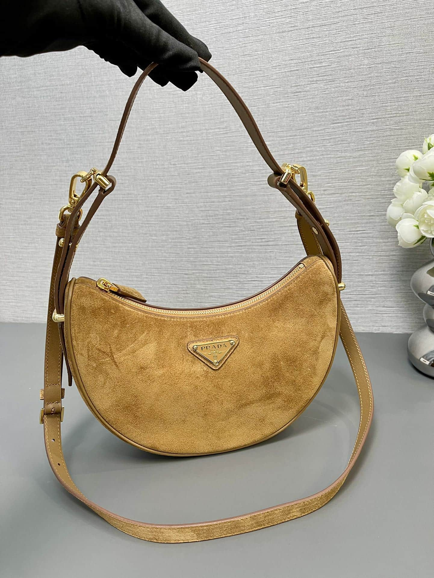 Prada Arqué small Re-Nylon and brushed leather shoulder bag Light Brown 1BC194