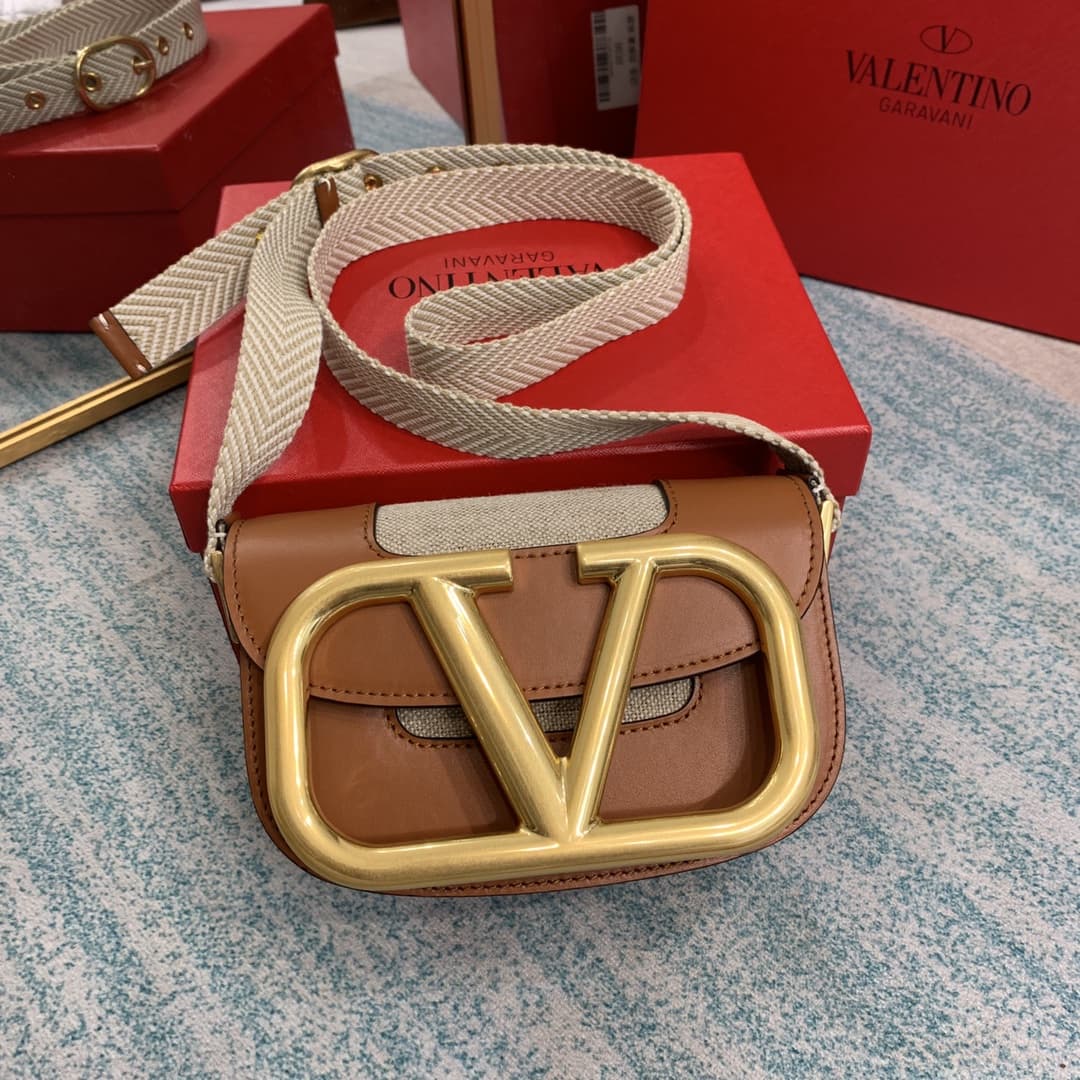 Valentino Small Garavani Leather and Fabric Combination Shoulder Bag VA0042