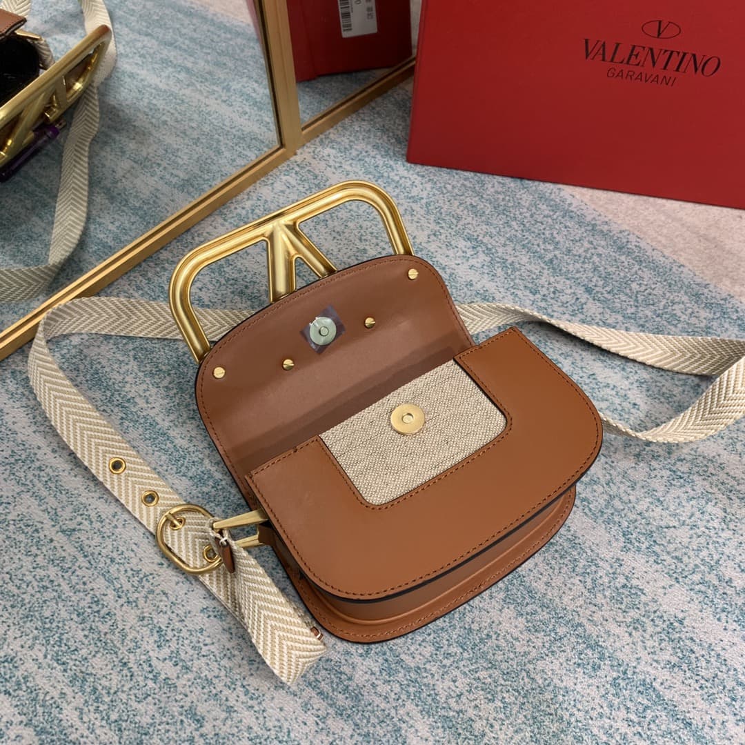 Valentino Small Garavani Leather and Fabric Combination Shoulder Bag VA0042