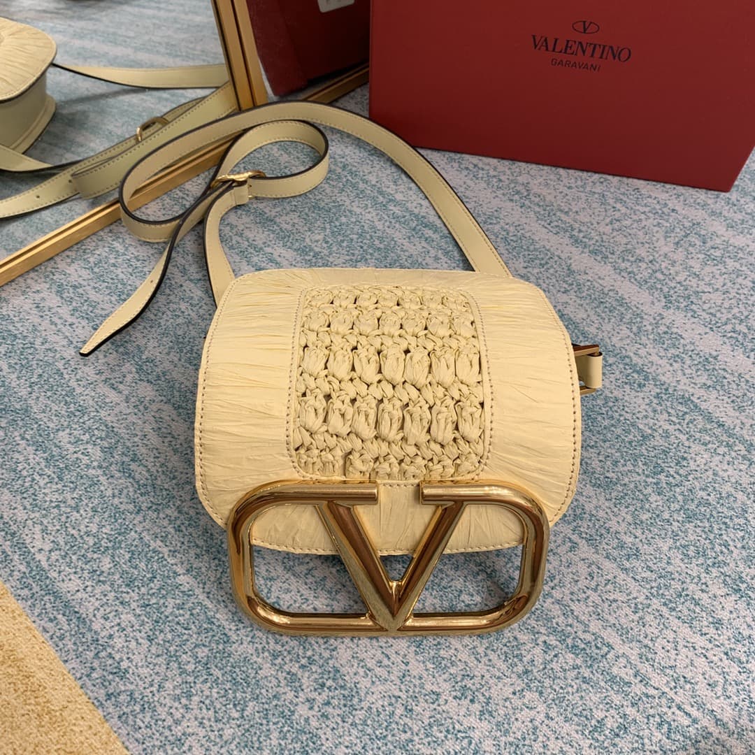 Valentino Small Garavani Woven Straw Supervee Shoulder Bag VA0043